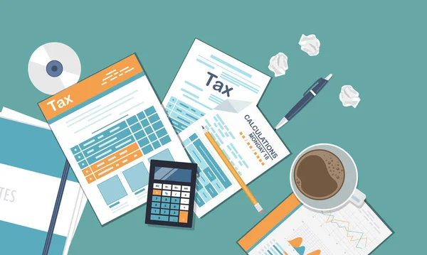 Concept Paiement Impôts Impôt État Calcul Déclaration Revenus Formulaire Fiscal — Image vectorielle
