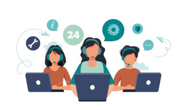 Canlı destek konsepti. Müşteri hizmetleri konsepti. Bizimle iletişim kurmak için simge, destek, yardım, telefon görüşmesi ve web sitesi tıklama. Düz vektör illüstrasyonu.