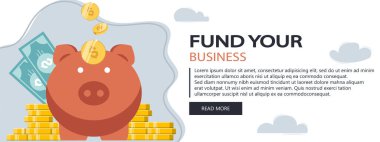 Finansal servis düz çizim konsepti. Finansman. Domuzcuk ve para. Düz vektör çizimi. Web sitesi afişi