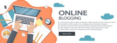 Blogculuk ve gazetecilik kavramı. Hikaye yazarım. Sohbet balonu ve kağıt içeren tablet. Düz vektör tasarımı