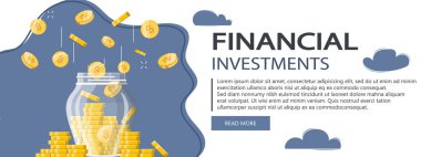 Büyüme, gelir, tasarruf, yatırım. Altın sikkeli cam para kavanozu. Tasarruf. Zenginliğin sembolü. İş başarısı. Düz biçim vektör illüstrasyon pankartı