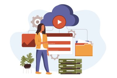 Düz dizaynlı bulut hesaplama. İnsanlar olay yerlerinin dosya, depolama ve işleme verilerini yüklüyorlar. Blogculuk, web sitesi, mobil uygulama, tanıtım materyalleri için vektör illüstrasyonu.