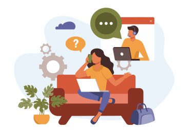 Daire dizaynında müşteri hizmetleri. İnsanlar danışmanlık ve destek, operatör çağrı merkezi. Blogculuk, web sitesi, mobil uygulama, tanıtım materyalleri için vektör illüstrasyonu.
