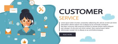 Canlı destek konsepti. Müşteri hizmetleri konsepti. Bizimle iletişim kurmak için simge, destek, yardım, telefon görüşmesi ve web sitesi tıklama. Düz vektör illüstrasyon pankartı