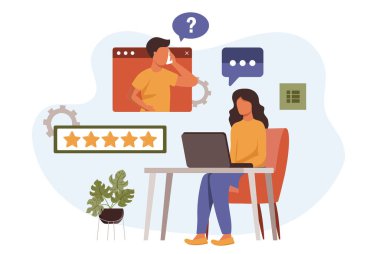 Daire dizaynında müşteri hizmetleri. İnsanlar danışmanlık ve destek, operatör çağrı merkezi. Blogculuk, web sitesi, mobil uygulama, tanıtım materyalleri için vektör illüstrasyonu.