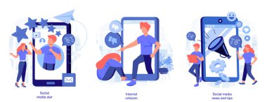 Dijital içerik soyut konsept vektör illüstrasyon seti. Sosyal medya haberleri ve ipuçları, internet eleştirileri, nüfuz sahibi, kişisel blog, nefret söylemi, yorumlar ve paylaşım, sahte profil soyut metaforu.