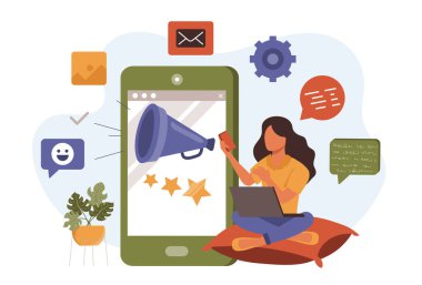 Dijital pazarlama ve reklam konsepti. İnsanlar yeni müşterileri ve online promosyonları cezbediyor. Blogculuk, web sitesi, mobil uygulama, tanıtım materyalleri için vektör illüstrasyonu