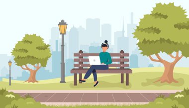 Parkta bankta oturan ve laptop ile çalışan genç kadın. Sosyal ağ ve manifatura arkadaşlar düz modern çizimi