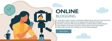 Blogculuk ve gazetecilik kavramı. Hikaye yazarım. Düz vektör tasarımı, web sitesi afişi