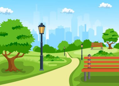 Parkta ağaçlı ve fenerli bir bankta. Düz bir şekilde vektör illüstrasyonu. Summer City Park Panorama Vektör İllüstrasyonu.