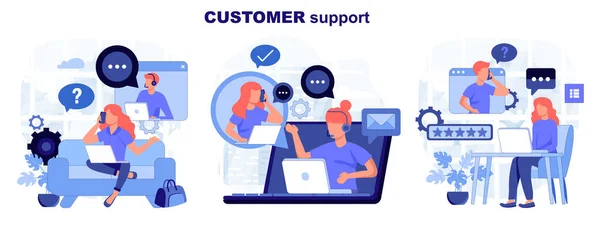 Servicio Cliente Conjunto Aislado Diseño Plano Colección Escenas Asesoramiento Apoyo — Archivo Imágenes Vectoriales