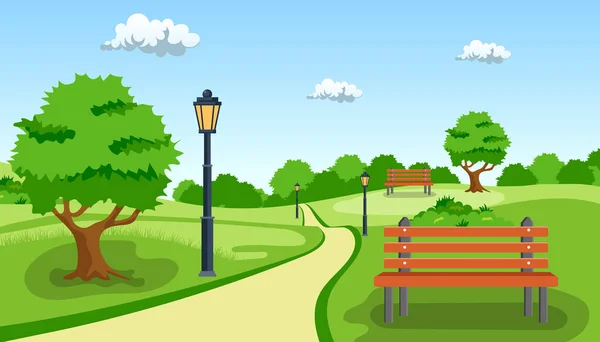 公园里的长椅上有树和灯笼 向量图以平板格式显示 夏季城市公园全景矢量图解 — 图库矢量图片