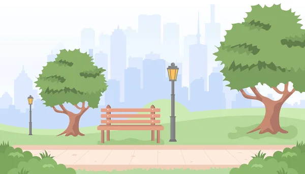 公園内の木やランタンとベンチ フラットスタイルのベクトルイラスト 夏の都市公園のパノラマベクトル図 — ストックベクタ