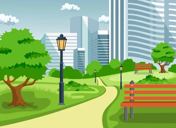 Parkta ağaçlı ve fenerli bir bankta. Düz bir şekilde vektör illüstrasyonu. Summer City Park Panorama Vektör İllüstrasyonu.