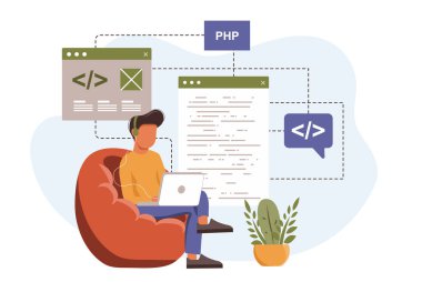 Düz dizayn ile izole edilmiş olarak çalışan programcı. İnsanlar yazılım programlıyor, kodluyor, test ediyor, sahneleri topluyor. Blogculuk, web sitesi, mobil uygulama, tanıtım materyalleri için vektör illüstrasyonu.