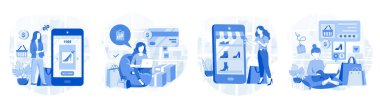 Çevrimiçi alışveriş izole edildi. İnsanlar malları seçiyor ve satın almak için araziye para ödüyor. Blogculuk, web sitesi, mobil uygulama, tanıtım materyalleri için vektör illüstrasyonu.