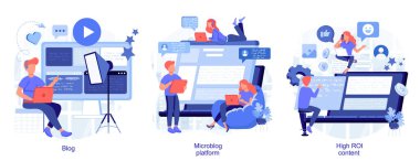 Sosyal medya soyut konsept vektör çizimi seti. Mikroblog platformu, blog ve yüksek ROI içeriği, etkili, marka promosyonu, takipçileri ve abonelikleri, viral içerik soyut