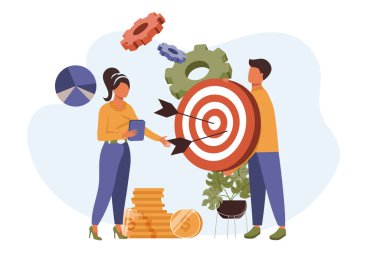 Düz tasarımla iş hedefi. İnsanların hedeflerine ulaşması, başarı stratejisi koleksiyonu yapması. Blogculuk, web sitesi, mobil uygulama, tanıtım materyalleri için vektör illüstrasyonu