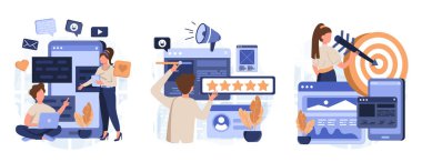 Müşteri davranış analizi soyut konsept vektör çizimi seti. Veri güdümlü pazarlama, kullanıcı geribildirimi ve web sitesi derecelendirmesi, çevrimiçi anket, kullanıcı verileri, pazarlama araştırma aracı soyut metafor.