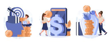 Sahnelerin yatırım koleksiyonu. İnsanlar kişisel gelişim, bilgi ve eğitime yatırım yapan karakterler. Kişisel finans yönetimi ve finansal okuryazarlık kavramı. Vektör illüstrasyonu.