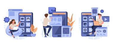 Uygulama geliştirme konsepti. Geliştiriciler kod yazar, test eder, sayfa düzeni oluştururlar. İnsanlar düz tasarımla sahneleri izole ettiler. Blogculuk, web sitesi, mobil uygulama, tanıtım materyalleri için vektör illüstrasyonu.
