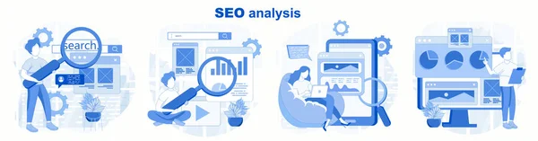 Seo Analýza Izolované Sady Plochém Provedení Lidé Analyzují Data Webu — Stockový vektor