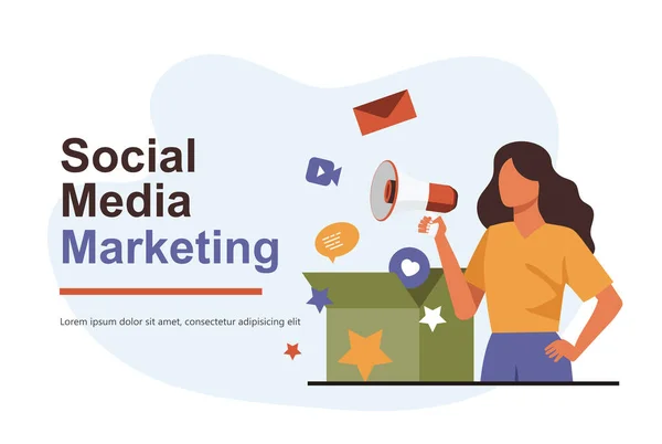ソーシャルメディアマーケティングウェブサイトのバナー デジタルマーケティングの概念 宣伝と宣伝 平面ベクトル図 — ストックベクタ