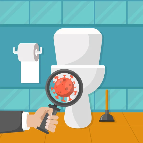 Концепция Гигиены Туалета Рука Увеличительным Стеклом Показывающим Бактерии Унитазе Плоская — стоковый вектор