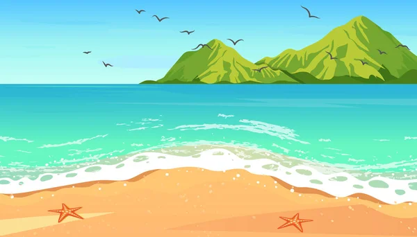 Mar Azul Tropical Una Playa Arena Con Montaña Horizonte Vector — Vector de stock