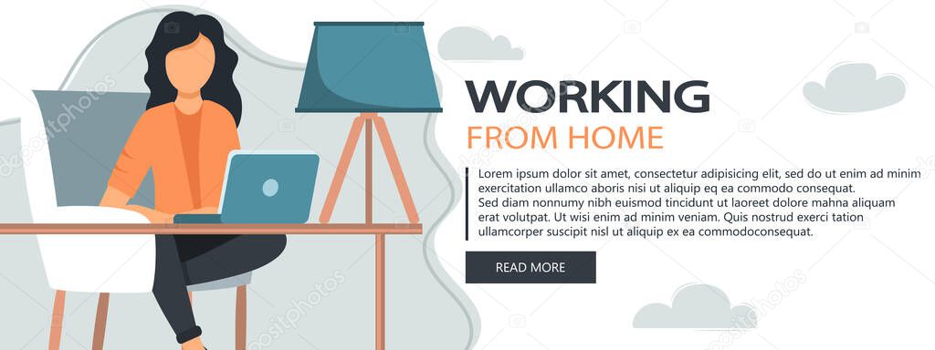 Home office concept, woman working from home, student or freelancer. Vector illustration in flat style. Website banner