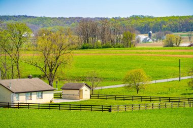 Lancaster, Pennsylvania, PA Kuzey Amerika 'da tarım alanında Amish ülkesi, çiftlik, ev ve ahır..