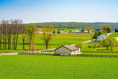 Lancaster, Pennsylvania, PA Kuzey Amerika 'da tarım alanında Amish ülkesi, çiftlik, ev ve ahır..