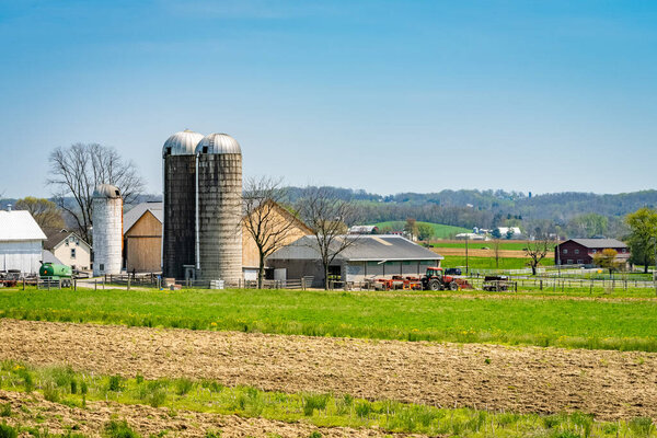 Страна, ферма, дом и коровник амишей на полях культуры в Фастере, Пенсильвания, штат Пенсильвания, США.