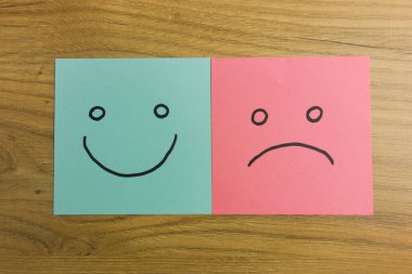 Happy and sad face emoticons. Change of mood, relationship difficulties, depression concept clipart