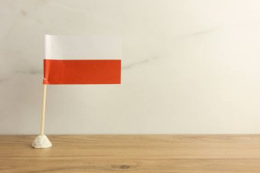 Arkaplanda Polonya bayrağı ve tasarım için yer var. Polonya ulusal sembolü, vatanseverlik kavramı