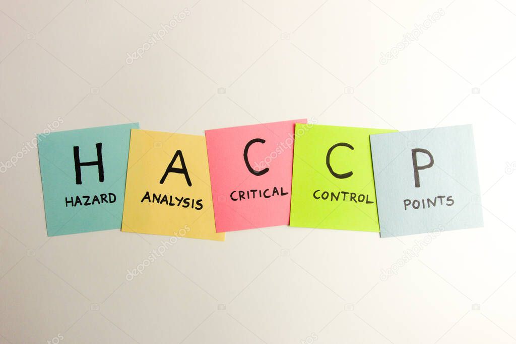 HACCP - Hazard Analysis Critical Control Point acronym handwritten on colorful sticky notes. Business concept