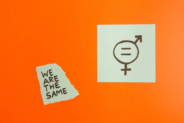 Male and female symbol drawn on sticky note with text we are the same. Social issues, gender equality concept