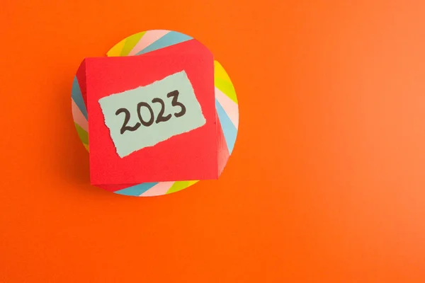 Gelukkig Nieuwjaar 2023 Achtergrond Met Nummer Handgeschreven Sticky Note Kopieer — Stockfoto