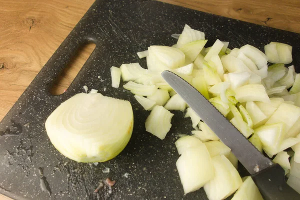 Raw Onion Chopped Cutting Board Knife — Stock Photo, Image