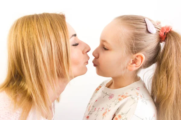 Close Photo Happy Young Woman Kissing Her Female Child Mother — Stock Photo, Image