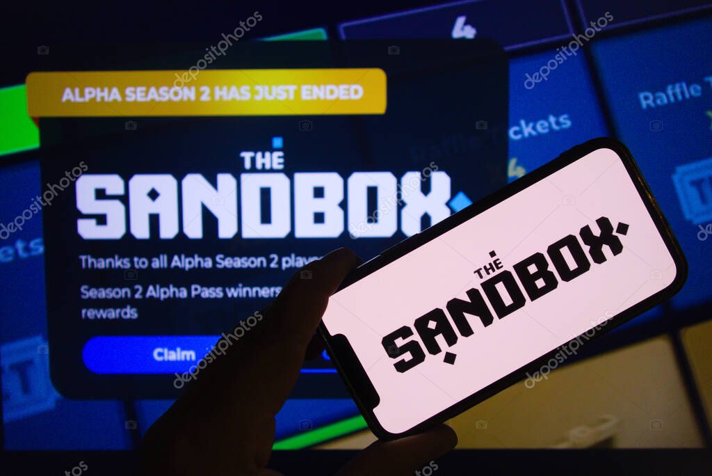 KONSKIE, POLAND - April 02, 2022: The Sandbox nft online game logo displayed on mobile phone