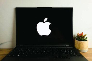 KONSKIE, POLAND - July 05, 2022: Apple company logo displayed on laptop computer screen