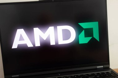 KONSKIE, POLAND - July 18, 2022: Advanced Micro Devices Inc (AMD) semiconductor company logo displayed on laptop computer screen