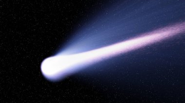 Uzayda hızla ilerleyen parlak kuyruklu yıldız. Astronomik nesneler gözlem, bilim, astronomi arka planı