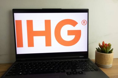 KONSKIE, POLAND - August 04, 2022: InterContinental Hotels Group PLC (IHG) British multinational hospitality company logo displayed on laptop computer screen