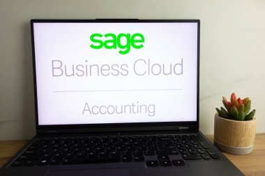 KONSKIE, POLAND - August 04, 2022: The Sage Group plc, commonly known as Sage, British multinational enterprise software company logo displayed on laptop computer screen