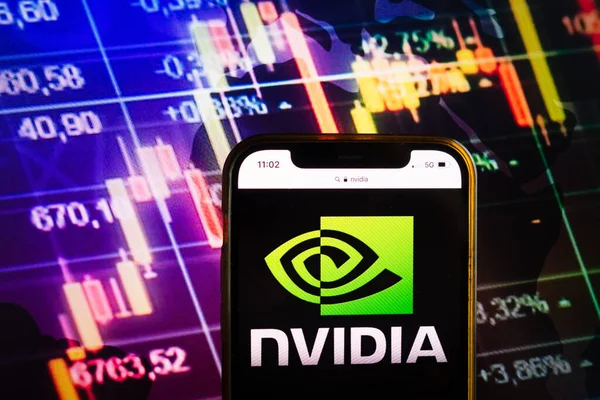 KONSKIE, POLAND - August 07, 2022: Smartphone displaying logo of Nvidia Corporation on stock exchange diagram background