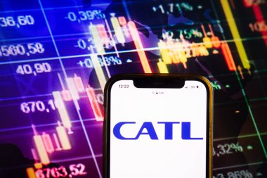 KONSKIE, POLAND - August 07, 2022: Smartphone displaying logo of Contemporary Amperex Technology Co., Ltd., (CATL) company on stock exchange diagram background