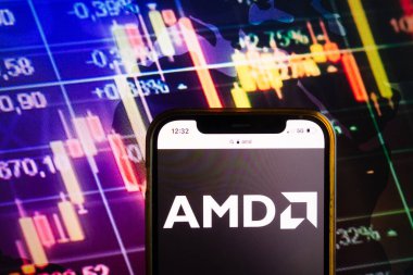 KONSKIE, POLAND - August 07, 2022: Smartphone displaying logo of Advanced Micro Devices, Inc., (AMD) company on stock exchange diagram background