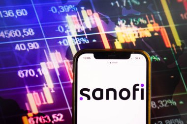 KONSKIE, POLAND - August 07, 2022: Smartphone displaying logo of Sanofi SA healthcare company on stock exchange diagram background